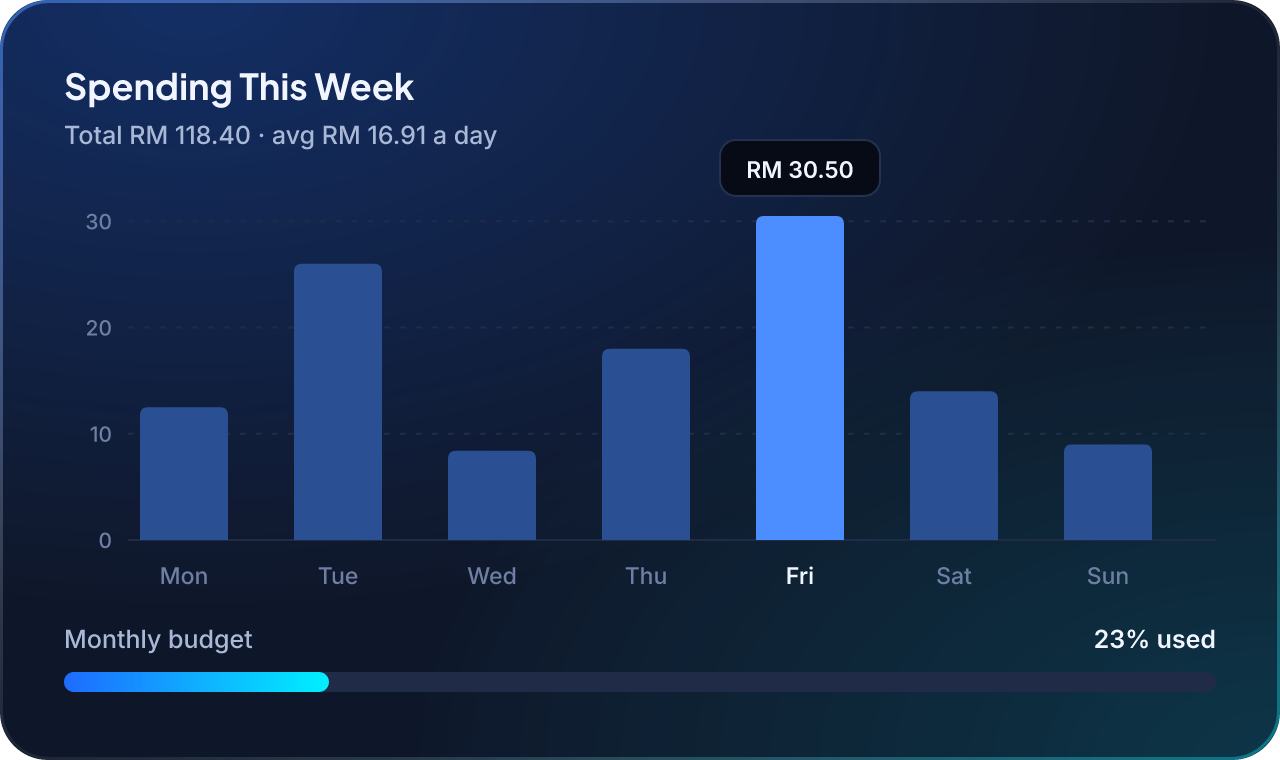 Weekly spending bar chart with a monthly budget meter at 23% used