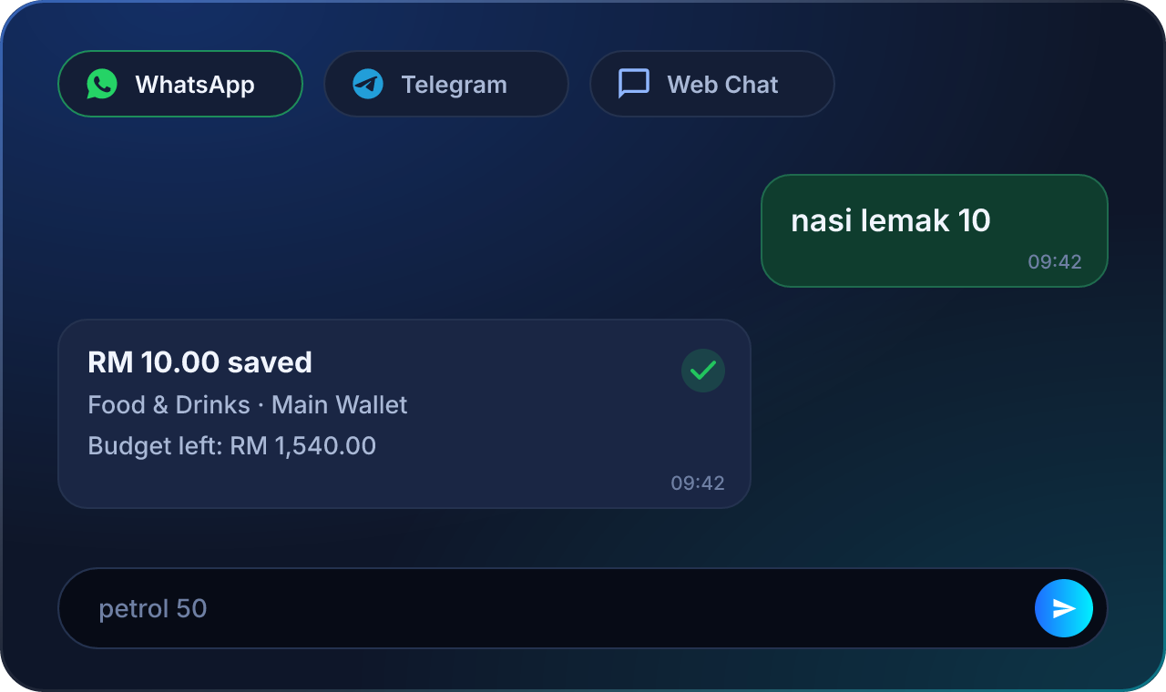 WhatsApp chat: the message “nasi lemak 10” is saved as RM 10.00 under Food & Drinks